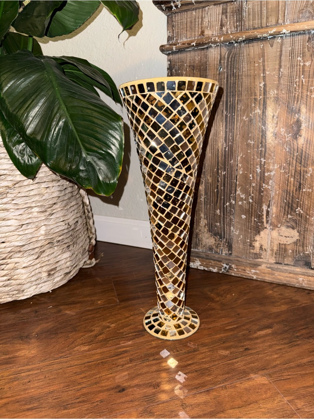 Vase Tall 16” Vintage Glass Vase, Mosaic Gold Color Shades